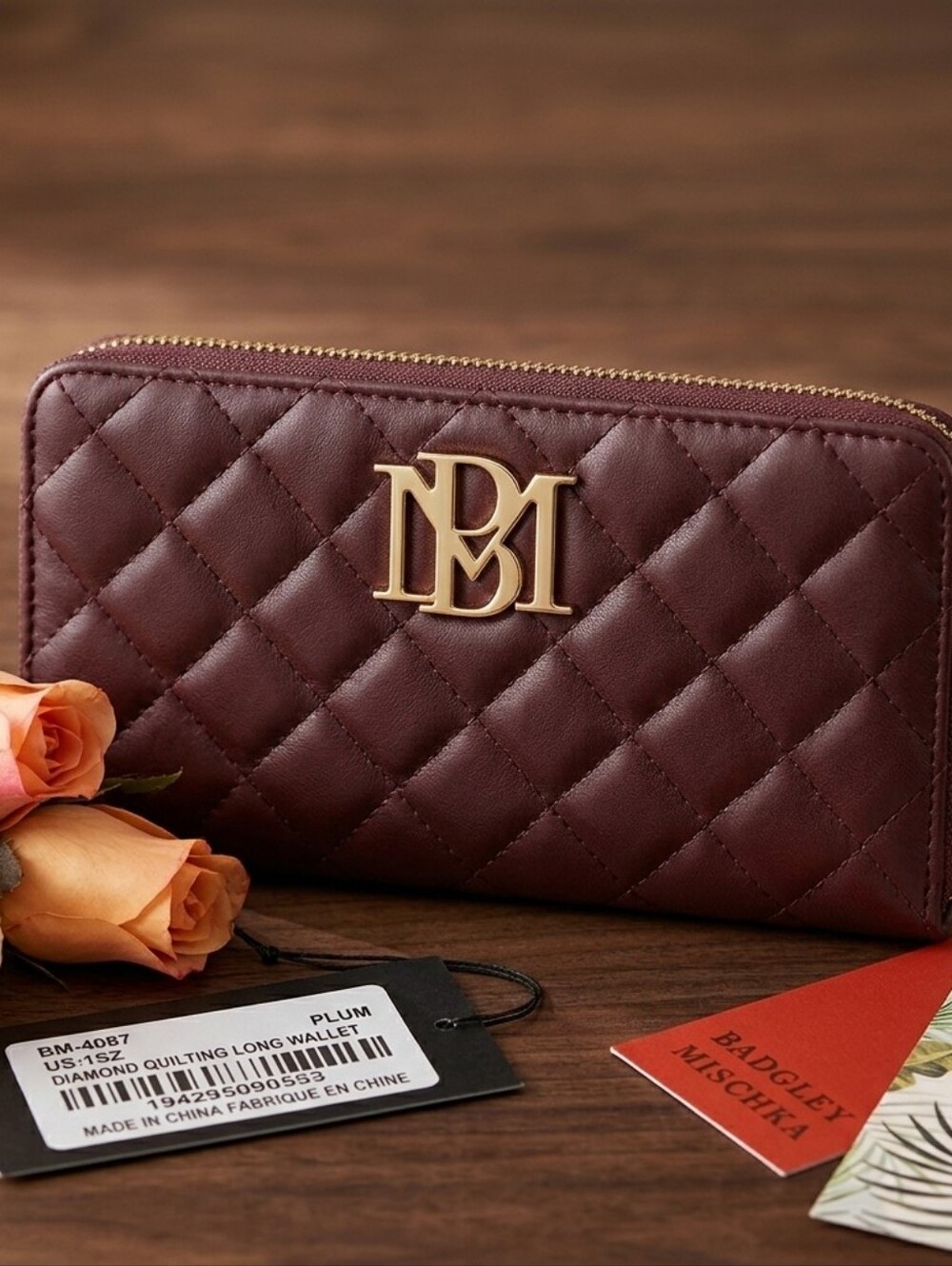 Badgley Mischka Diamond Quilting Long Wallet in Plum NWT